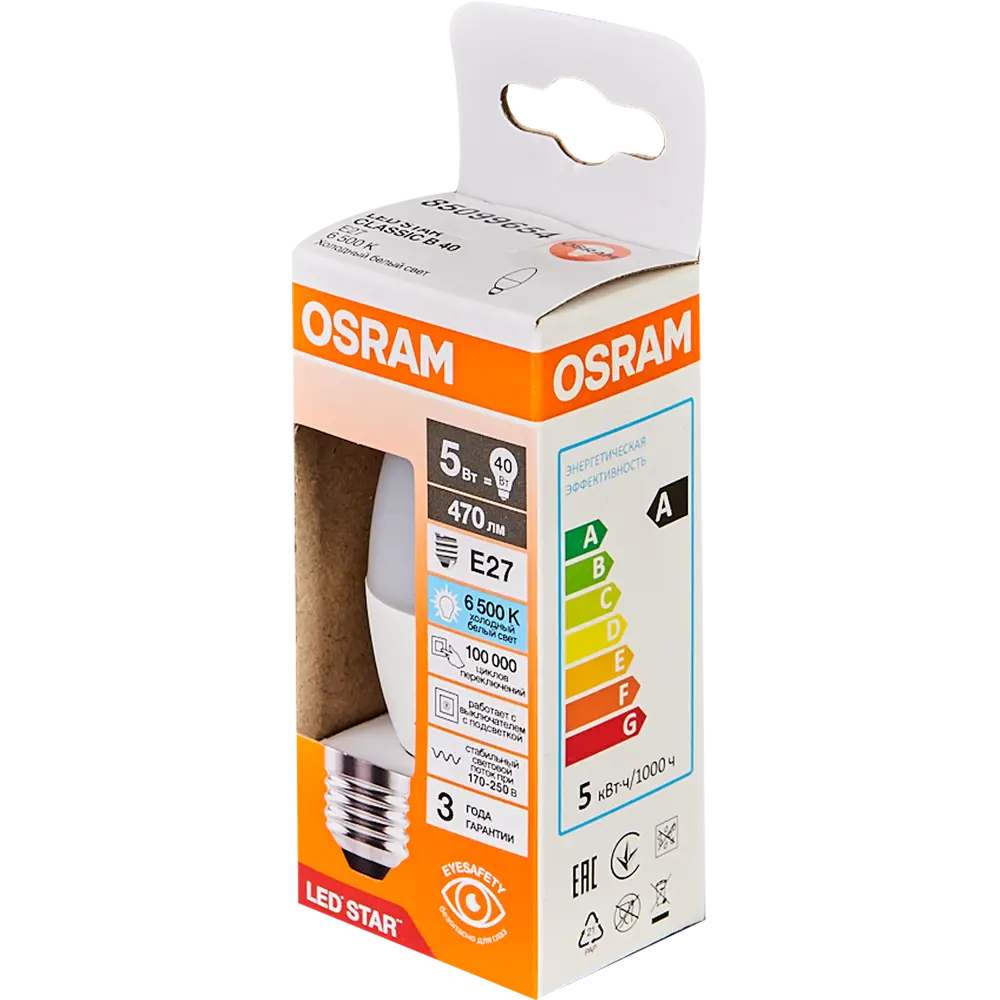 Лампа светодиодная Osram свеча 5Вт 470Лм E27 холодный белый свет STLM-2079320 - Вид №3