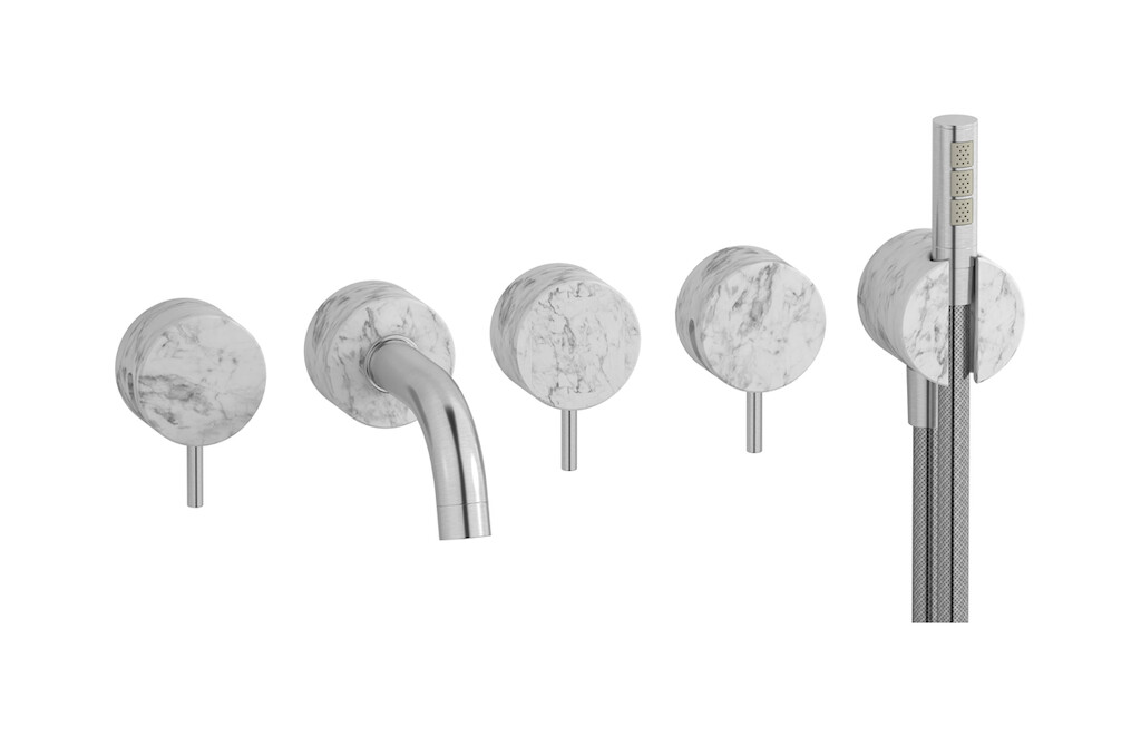 Настенный смеситель для ванной на 5 отверстий с дивертером и душевым гарнитуром. WE ARE IB mr398ss_1 Brushed Nickel Marmo