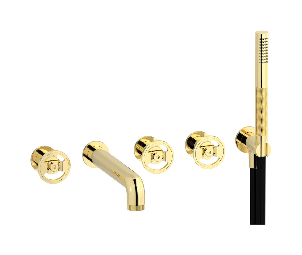 Настенный смеситель для ванной на 5 отверстий с дивертером и душевым гарнитуром. WE ARE IB b1398ii Pale Gold Bold