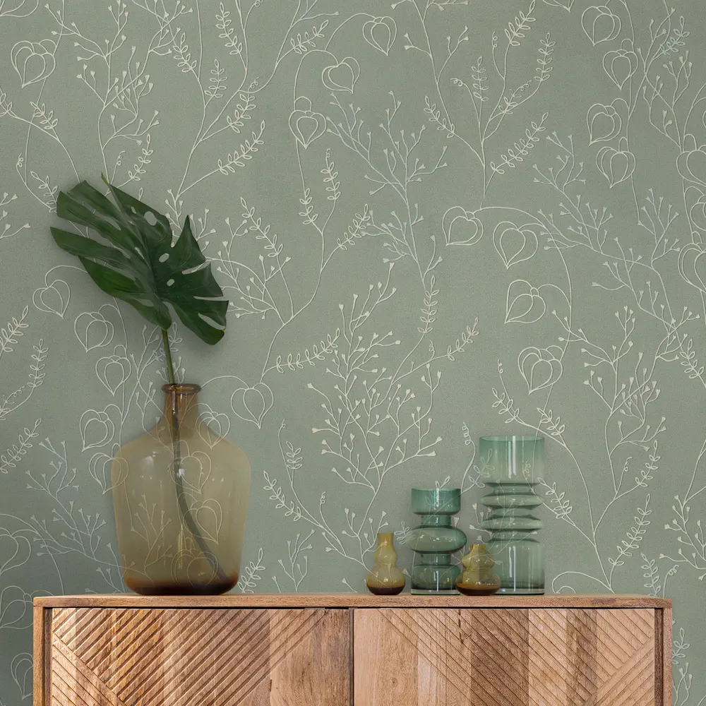 Флизелиновые обои Euro Decor Physalis зеленые с растительным рисунком 89426589 STLM-1567757 - Вид №3