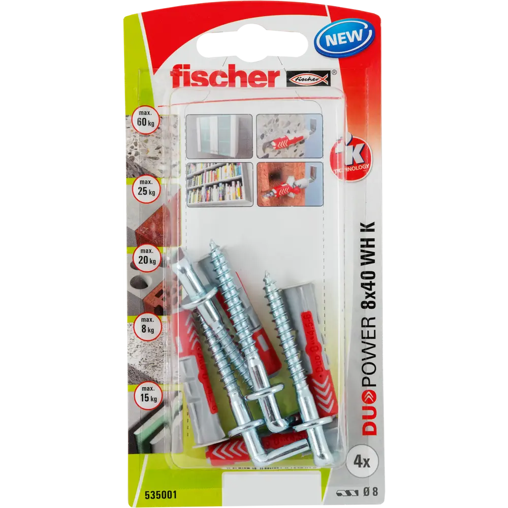 Дюбель для полнотелых материалов Duopower 8x40 мм прямой крюк цвет серый/красный 4 шт FISCHER STLM-2141802 - Вид №2