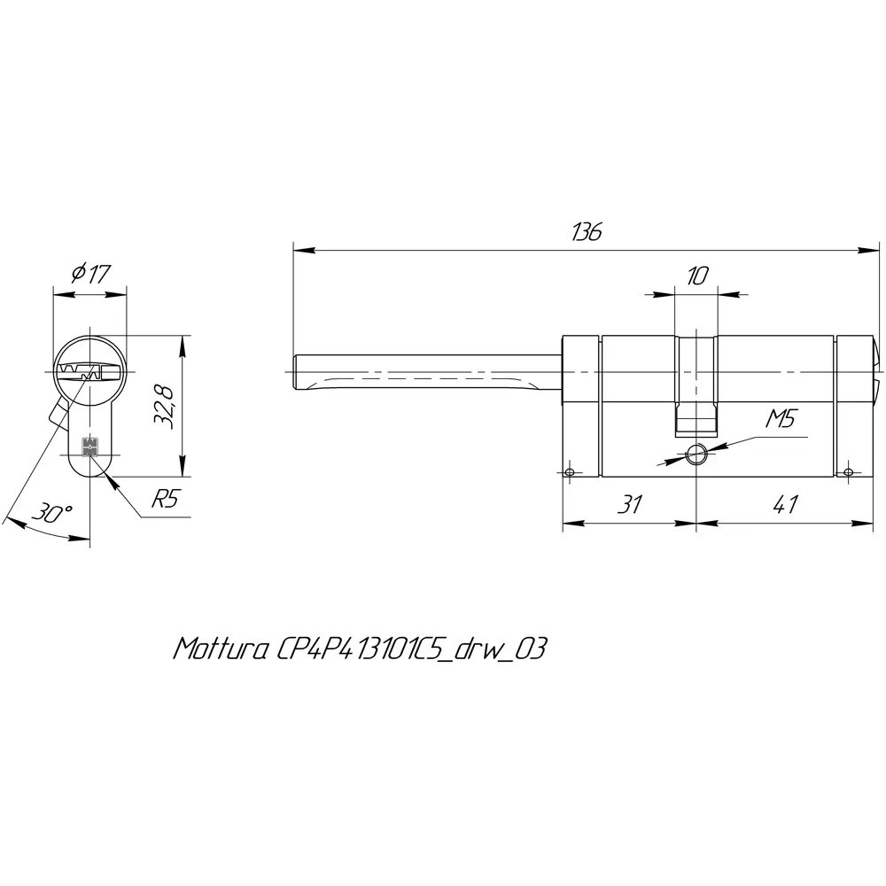 Цилиндр Mottura Champions Pro CP4P413101C5, 36x10x26 мм, ключ/шток, цвет матовый никель, без вертушки STLM-2061072 - Вид №4