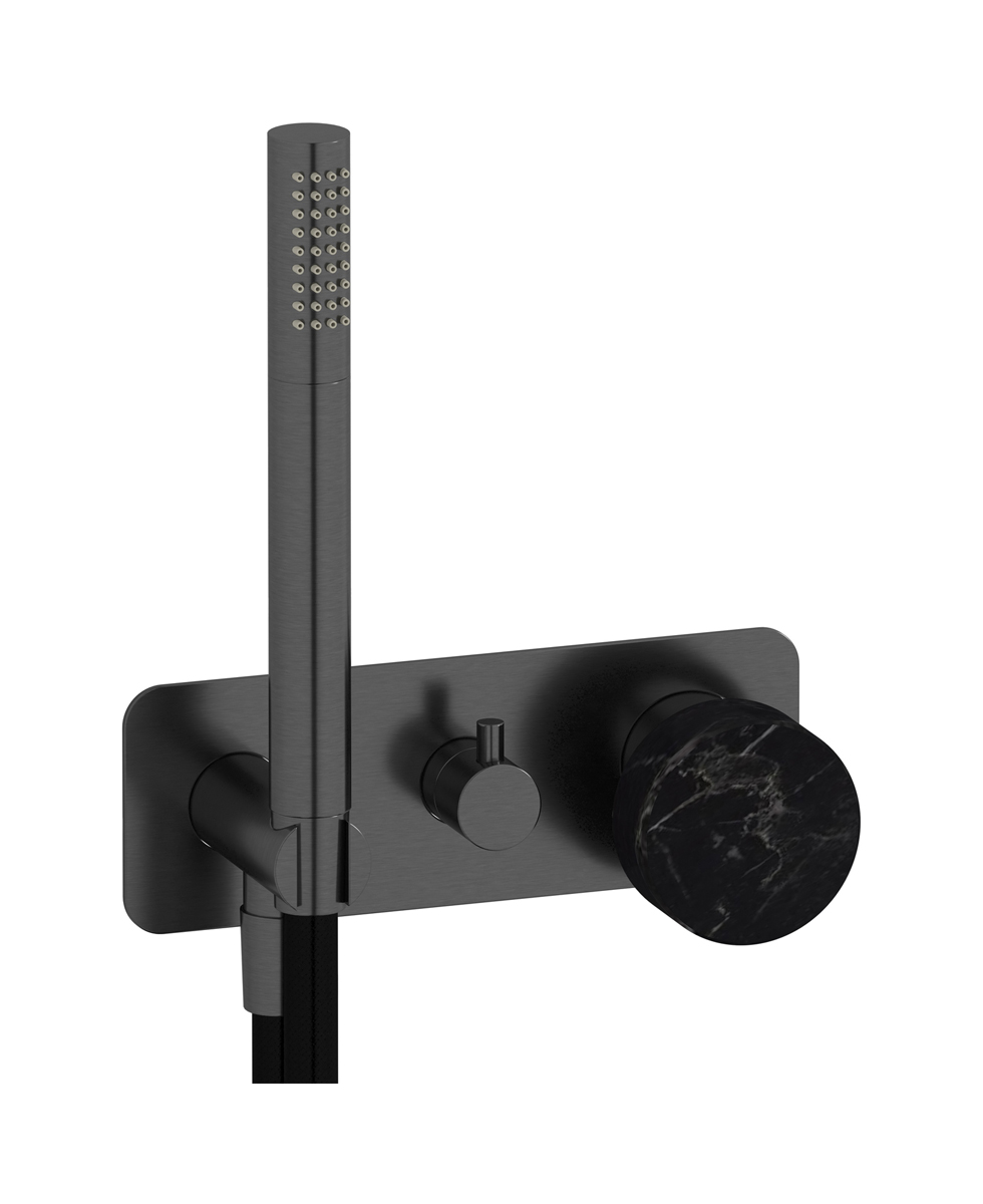 Внешние части встроенного в стену смесителя на 3 потребителя в комплекте с душевым гарнитуром. WE ARE IB mr314cs_2 Brushed Black Chrome Marmo