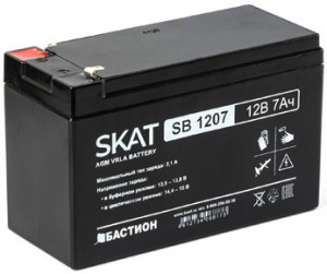 SKAT SB 1207 , 12v, 7ah, maximum charge current 2.1 a. terminal type - f1 knife. case size - 66x151x100. weight - 2.1 kg. service life - 6 years. warranty - 18 months. Бастион