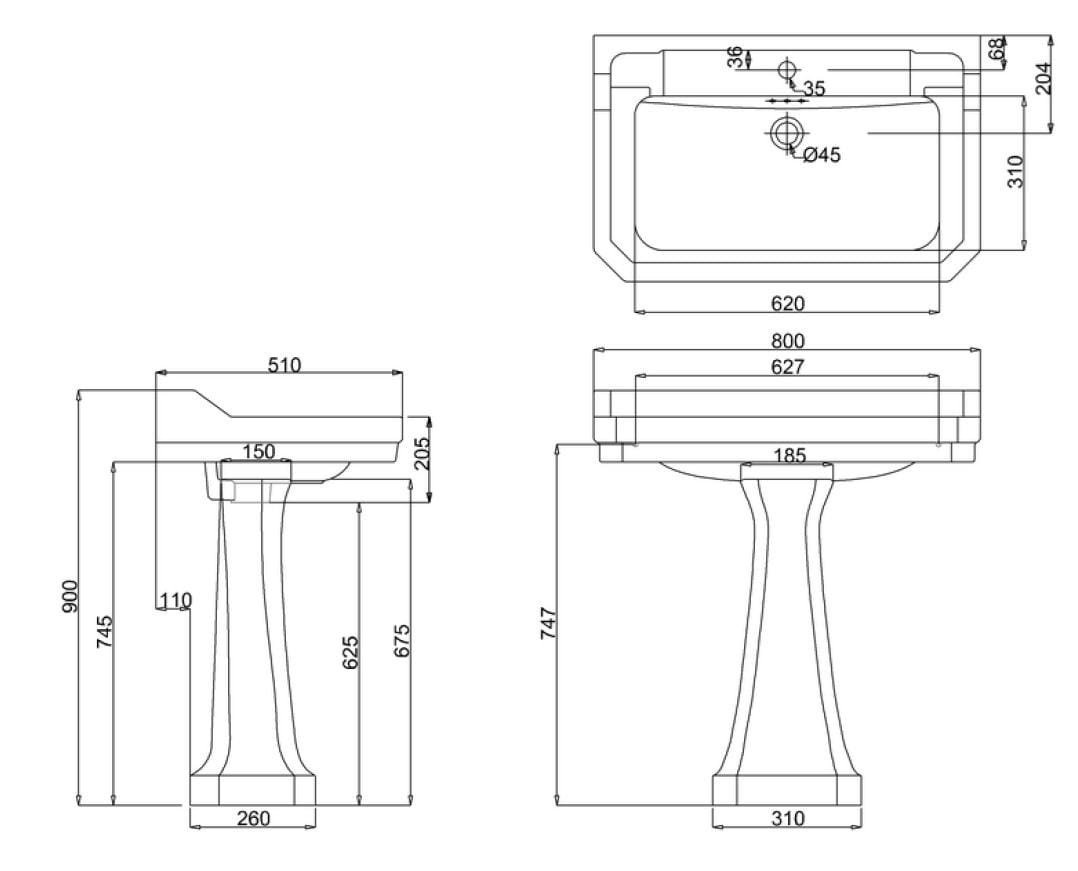 Прямоугольный умывальник из стекла на колонне Burlington Эдвардианская ARCH-00134895 - Вид №8