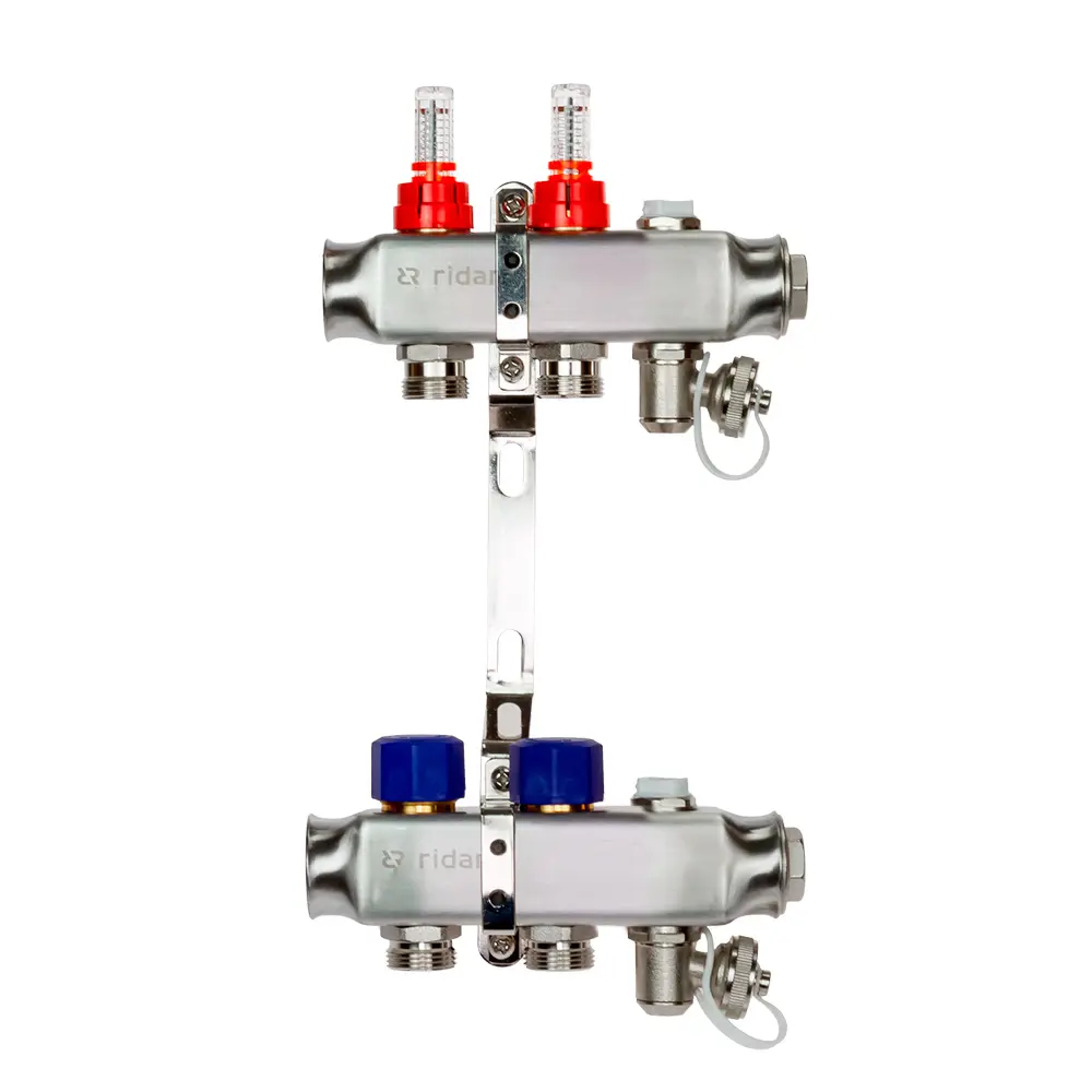Коллектор Ридан на 2 выхода 1"x3/4" с расходомерами и кронштейнами нержавеющая сталь