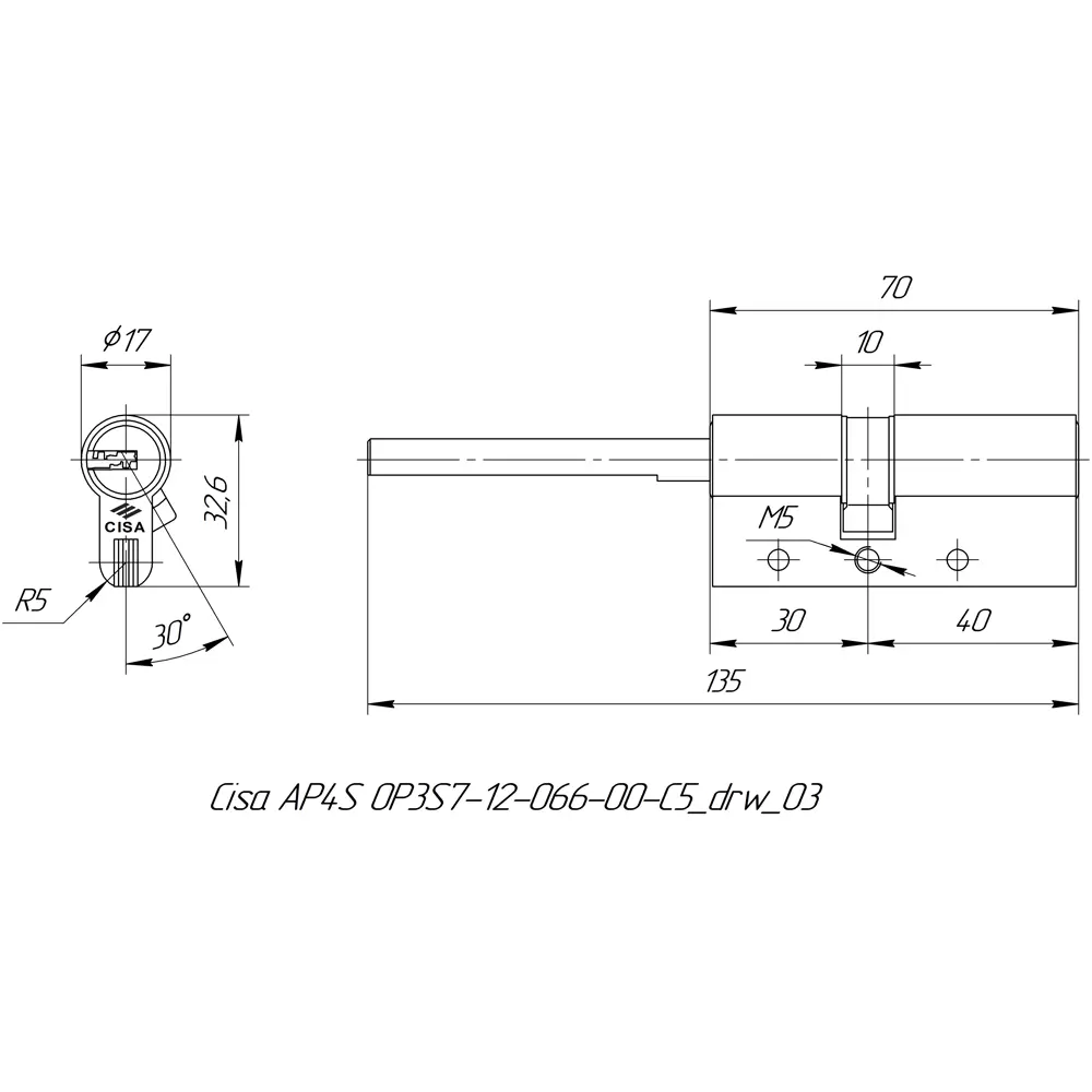 Цилиндр Cisa AP4S 0P3S7-12.66, 35x10x25 мм, ключ/шток, цвет латунь, без вертушки STLM-2198408 - Вид №4