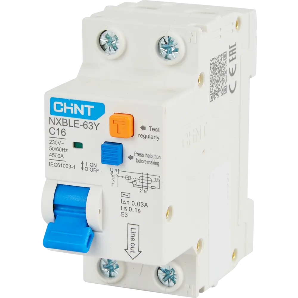 Дифференциальный автомат Chint NXBLE-63Y 1P N C16 A 30 мА 4.5 кА AC