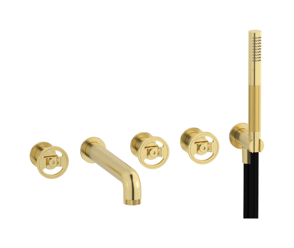 Настенный смеситель для ванной на 5 отверстий с дивертером и душевым гарнитуром. WE ARE IB b1398is Brushed Pale Gold Bold