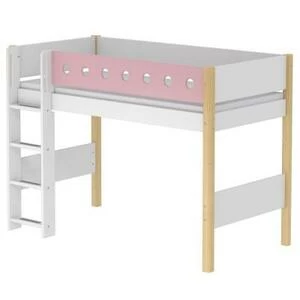 Кровать Flexa White полувысокая с лестницей, 190 см, розовая лакированная