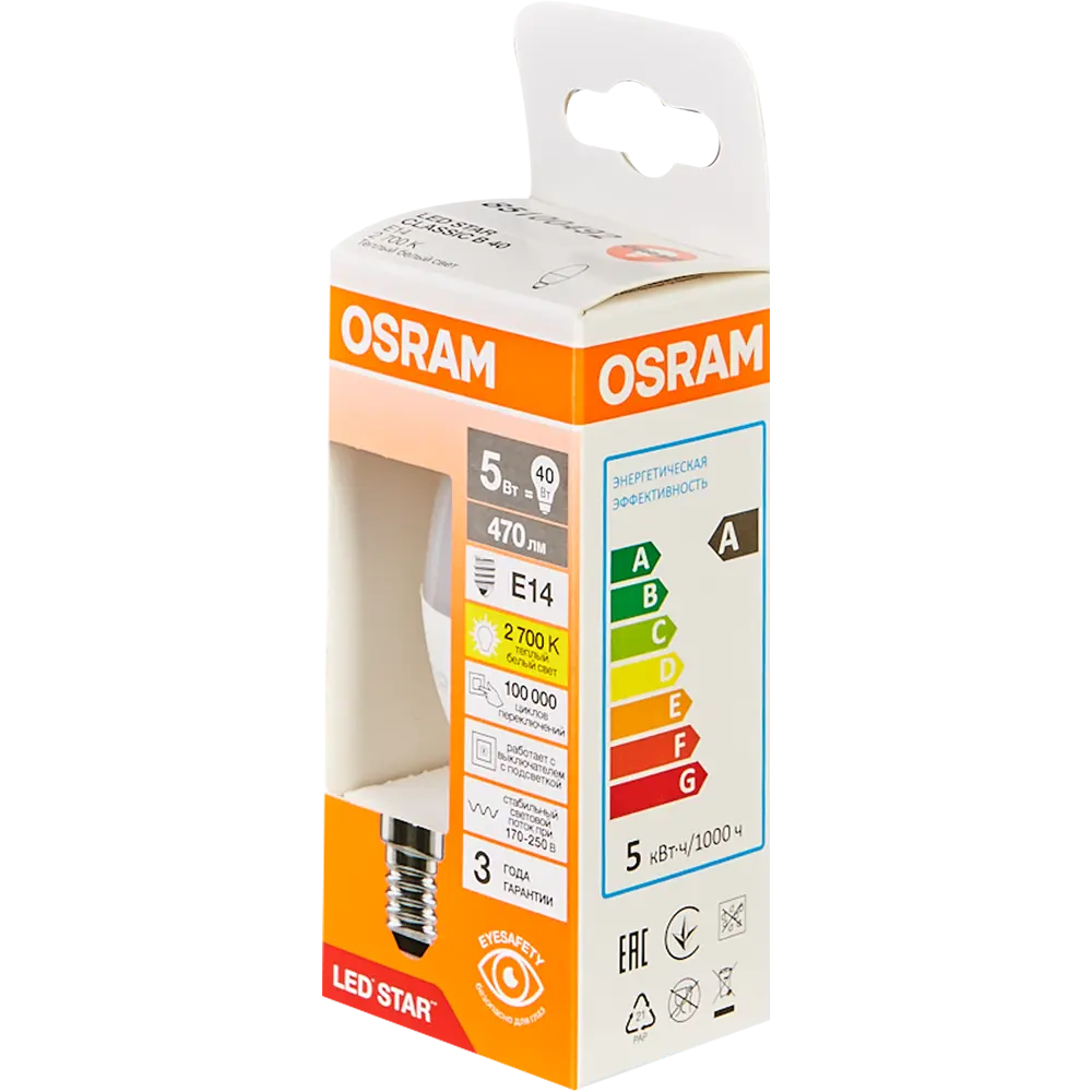Светодиодная лампа OSRAM свеча 5Вт E14 теплый белый свет 85100492 STLM-1371652 - Вид №3
