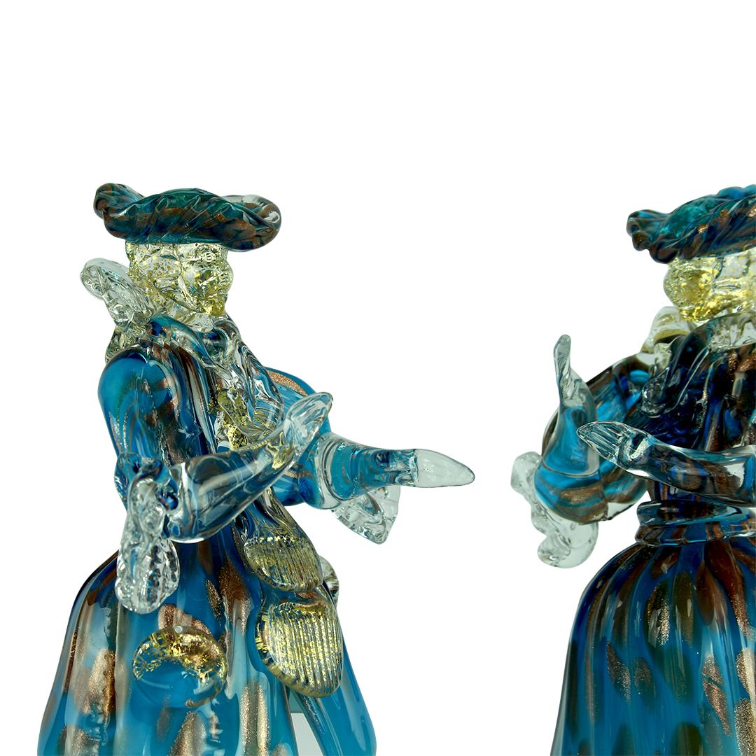 4637 ORIGINALMURANOGLASS Статуэтки в стиле Голдони - Венецианская пара - голубые с золотом - муранское стекло OMG 13 см  - Вид №1