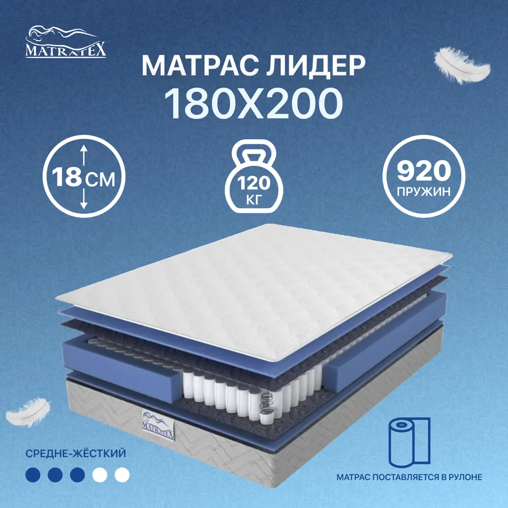 90401049 Матрас Matratex Лидер 180x200 см полиуретановая пена, двуспальный STLM-0215073