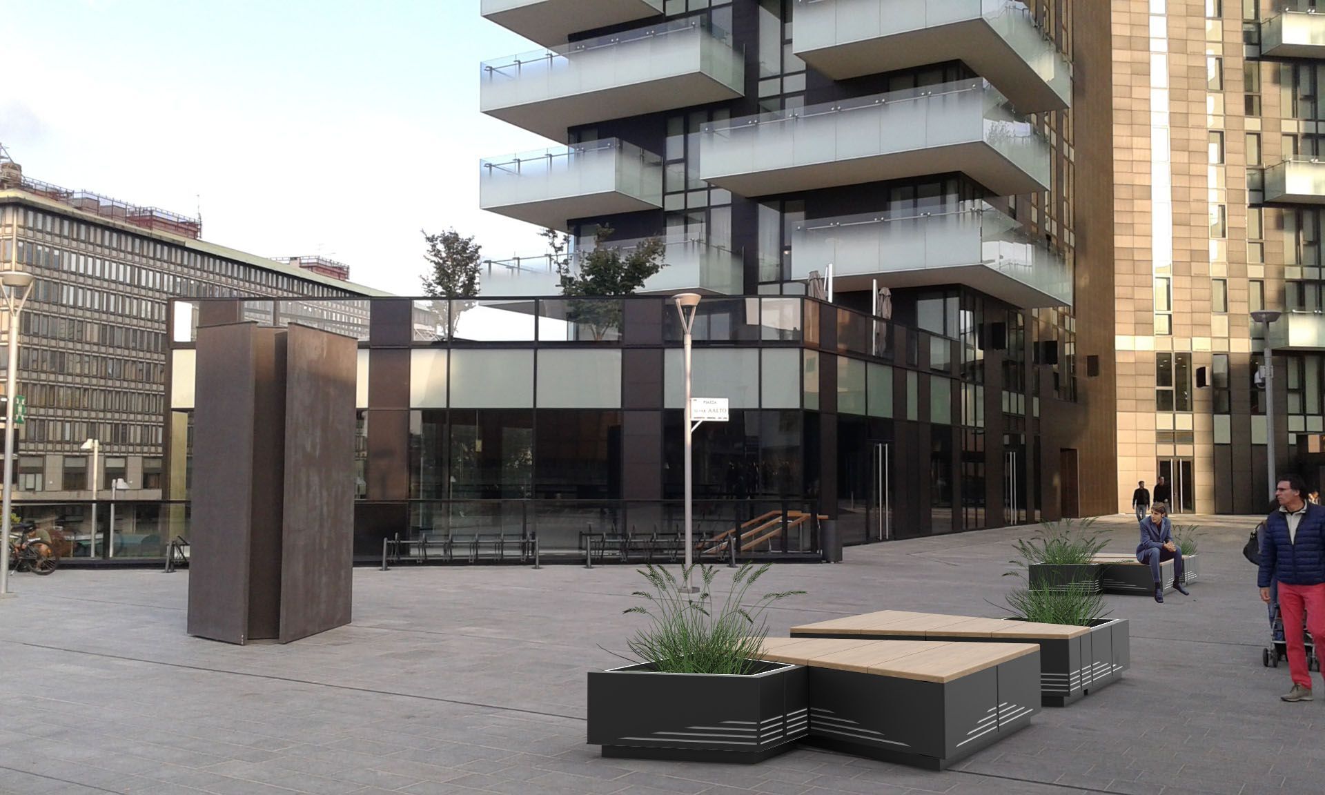 Стальная и деревянная скамейка со встроенной плантатором без спинки CITYSì остров ARCH-00001499 - Вид №6