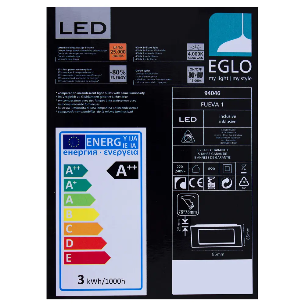 Панель светодиодная встраиваемая Fueva 4000K 85х85 мм Eglo STLM-2174515 - Вид №2