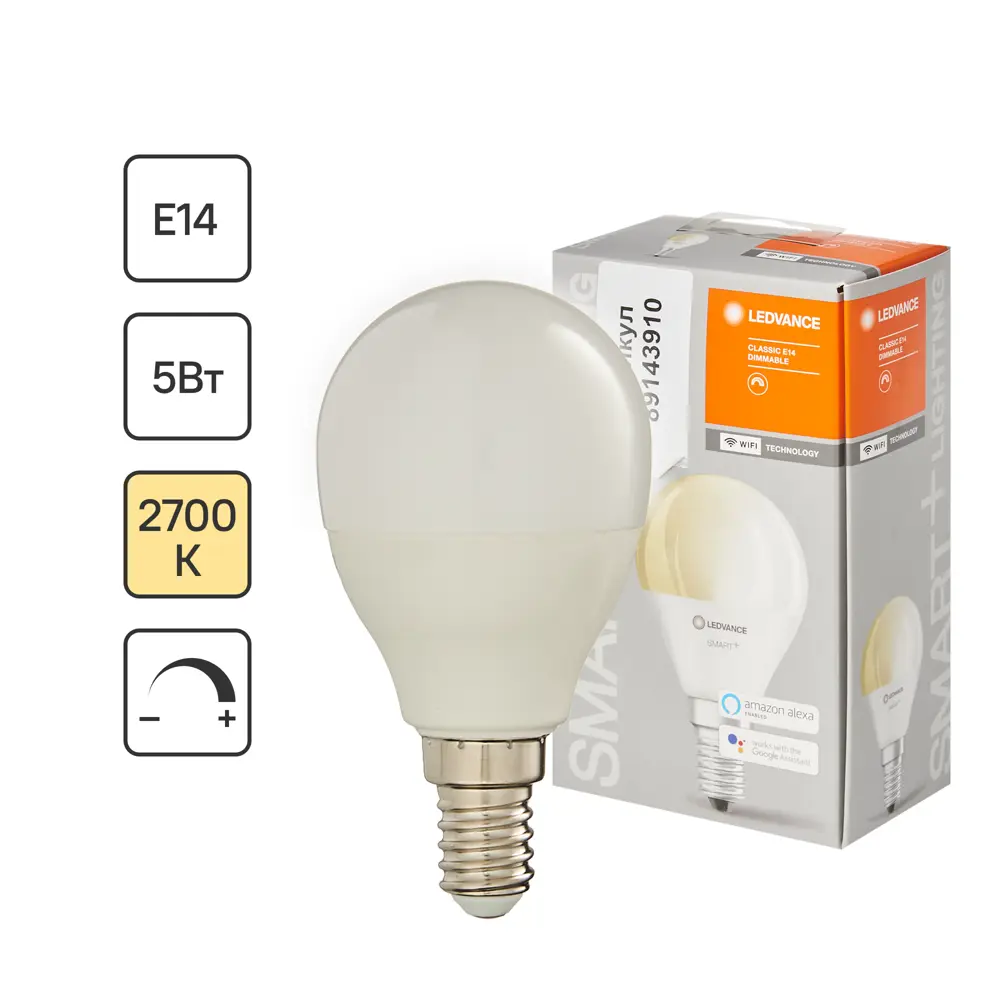 89143910 Лампа умная светодиодная Wi-Fi Osram Smart Plus E14 220-240 В 5 Вт шар малый матовая 470 лм теплый белый свет STLM-0079048