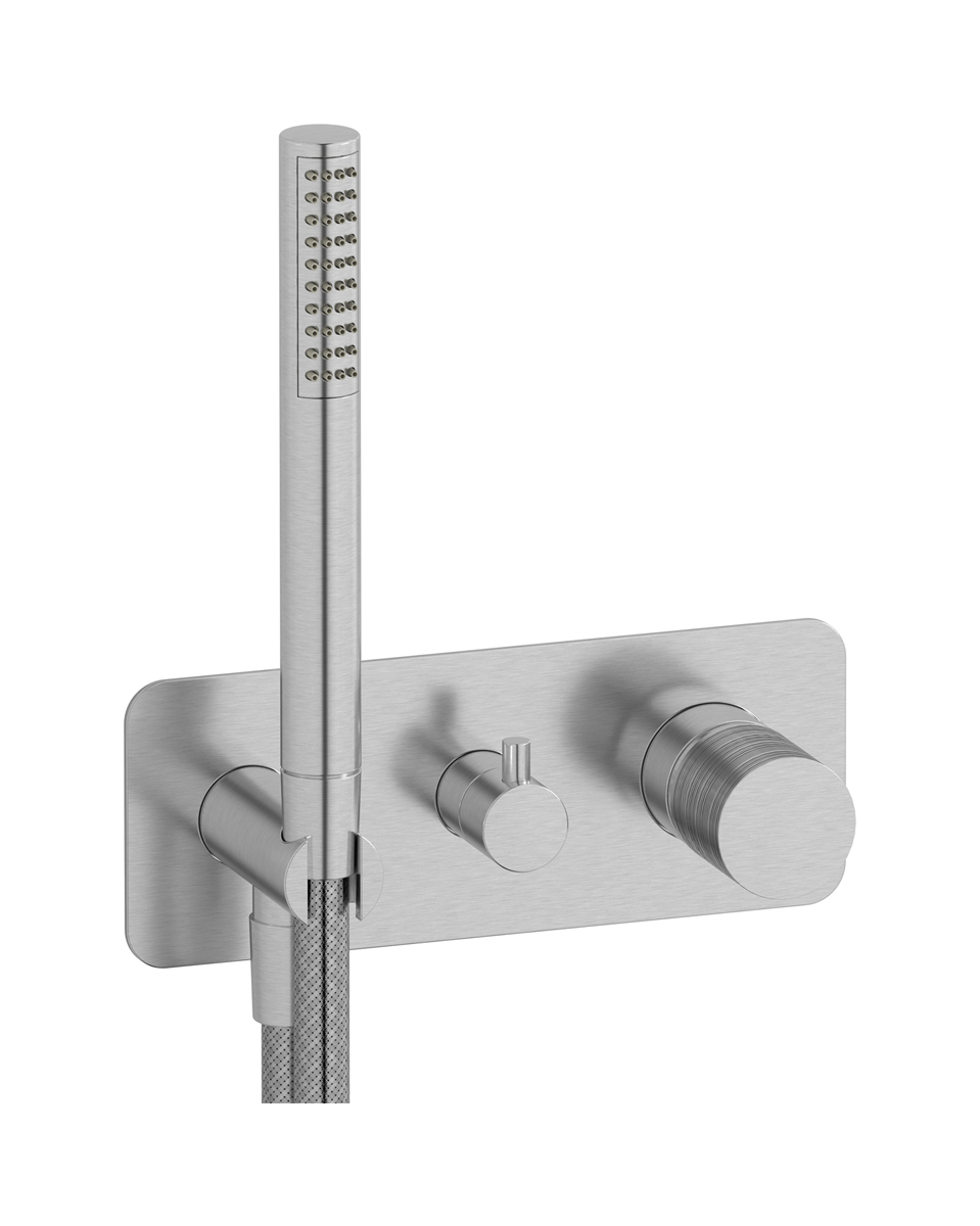 Внешние части встроенного в стену смесителя на 3 потребителя в комплекте с душевым гарнитуром. WE ARE IB vn300ii Brushed Nickel Vinile