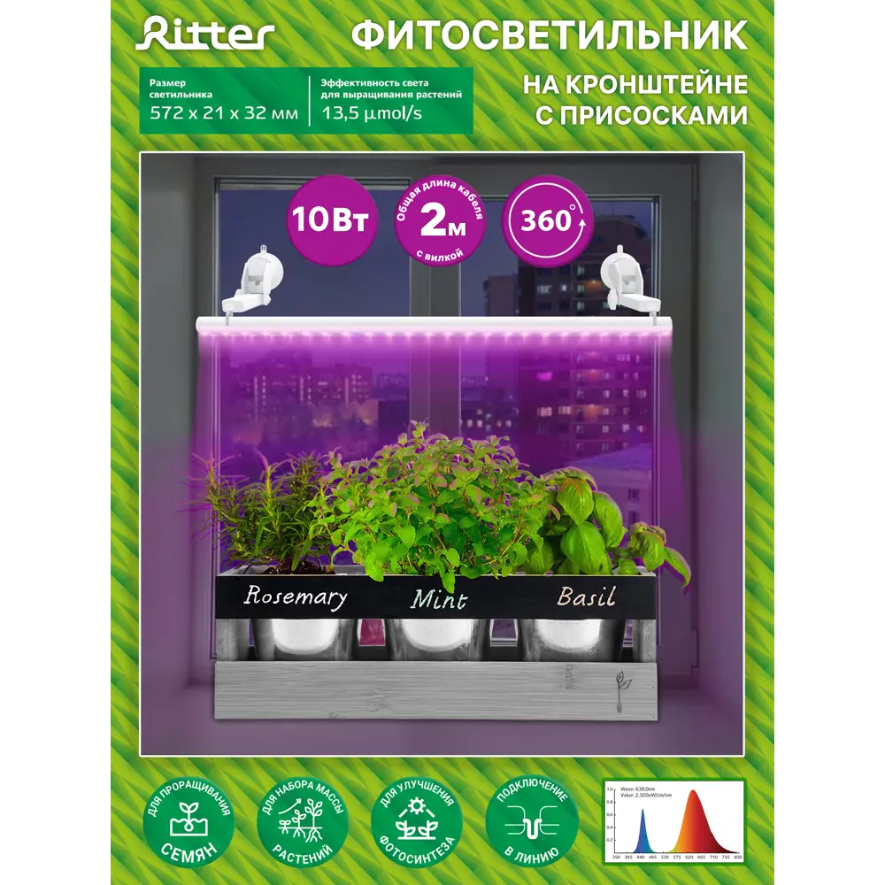 Фитосветильник линейный светодиодный Ritter 10 Вт 572 мм на кронштейне с присосками 56300 6  красно-синий спектр розовый свет STLM-2043781 - Вид №11
