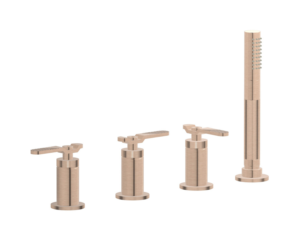 Смеситель на бортик ванной на 4 отверстия с изливом, дивертером и душевым гарнитуром. WE ARE IB b2397sr Brushed Rose Gold Bold