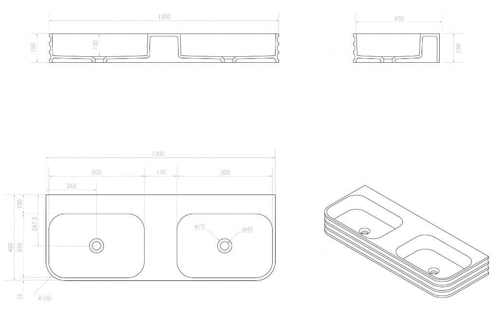 Прямоугольный двойной подвесной умывальник из смолы LUSSO Maddox ARCH-00083778 - Вид №1