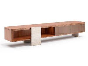 Низкий деревянный и стеклянный шкаф для телевизора с ящиками