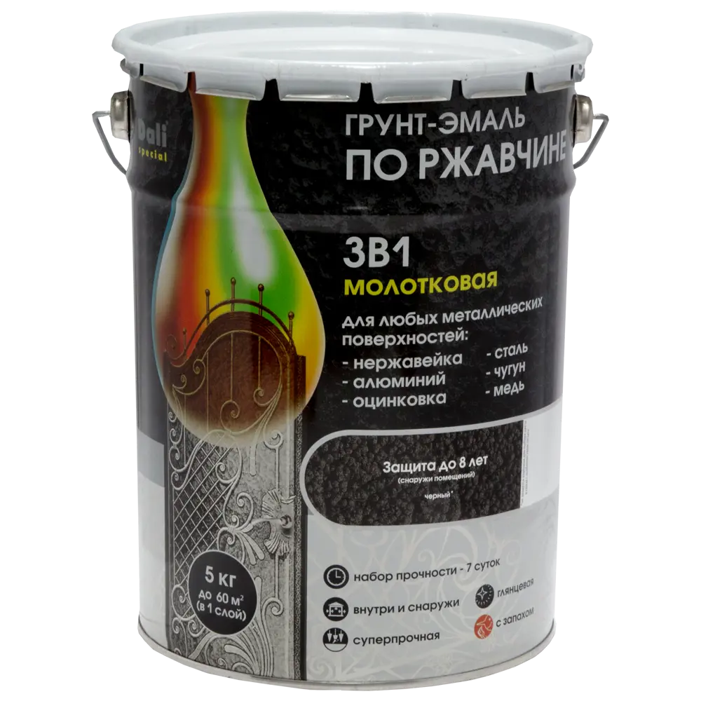 Грунт эмаль по ржавчине 3 в 1 гладкая Dali Special молотковая цвет чёрный 5 кг STLM-2104423 - Вид №1