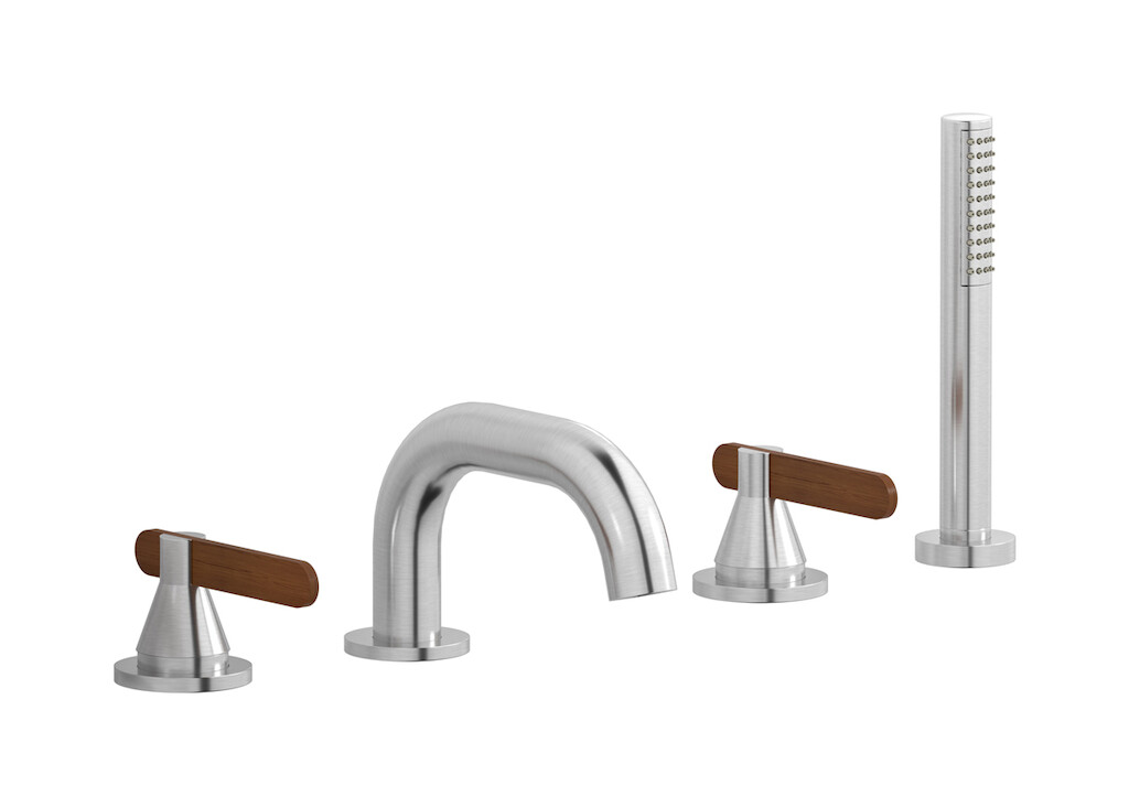 Смеситель на бортик ванной на 4 отверстий с дивертером и душевым гарнитуром. WE ARE IB oh299on Brushed Nickel Soho