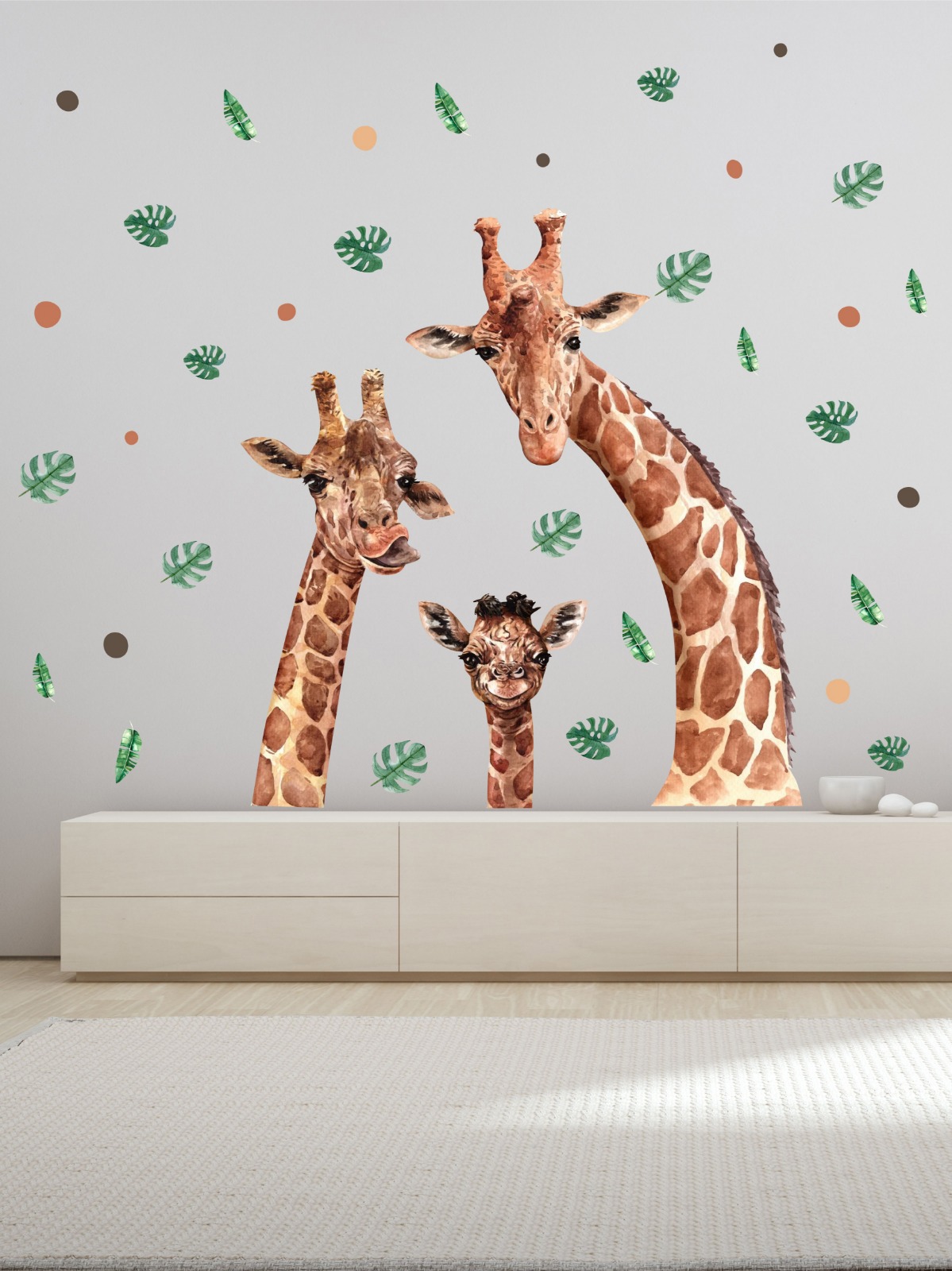 91017354 Наклейки интерьерные на стену Семейство жирафов и тропические листья 115x80 см STLM-0443158 LISADECOR