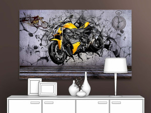 90751384 Картина на деревянном подрамнике Первое ателье "Желтый мотоцикл пробивает стену" 60x38 см STLM-0367618 Santreyd