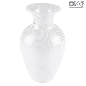 2450 ORIGINALMURANOGLASS Ваза прозрачная в белую полоску из муранского стекла - Original Murano Glass OMG 11 см