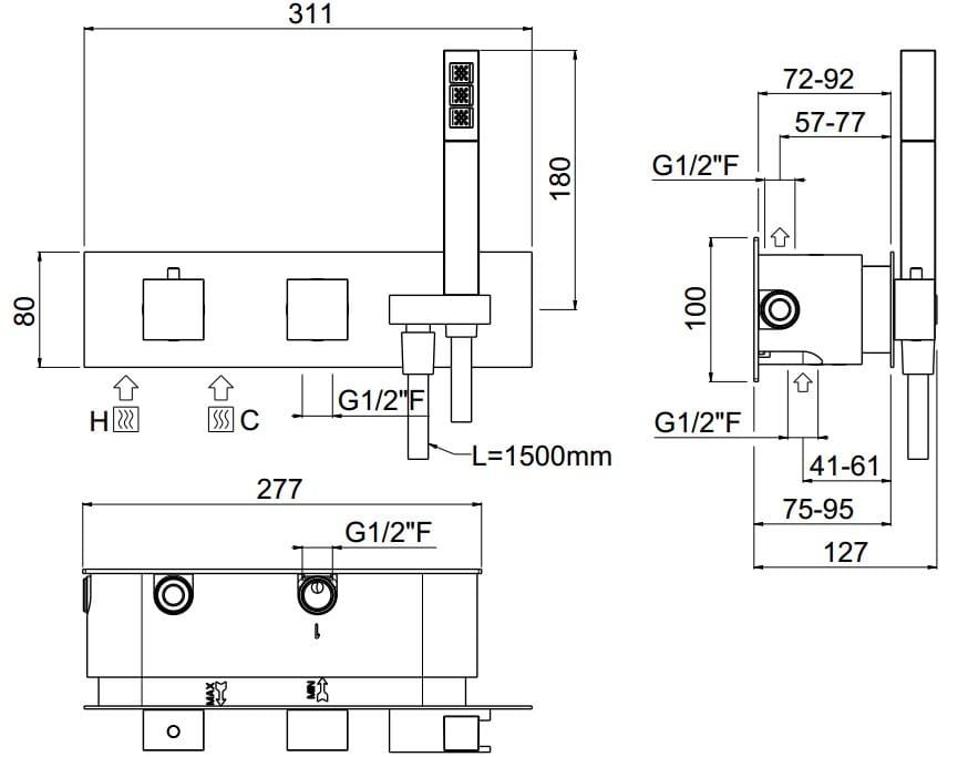 Встраиваемый термостатический смеситель для душа с ручным душем CARIMALI ilQuadro ARCH-00127379 - Вид №2