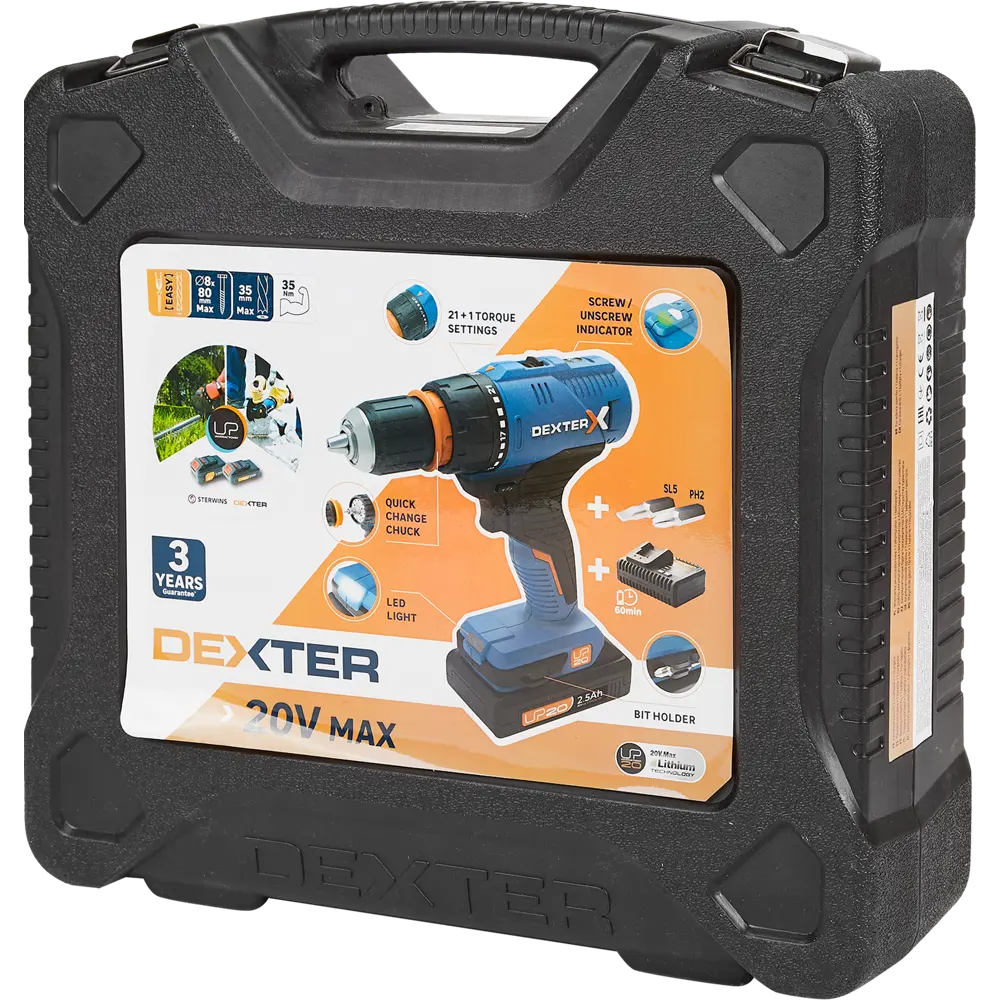 Дрель аккумуляторная Dexter 20VSD2-35RCA.1A, 20 В Li-Ion 2.5 Ач STLM-2050147 - Вид №6