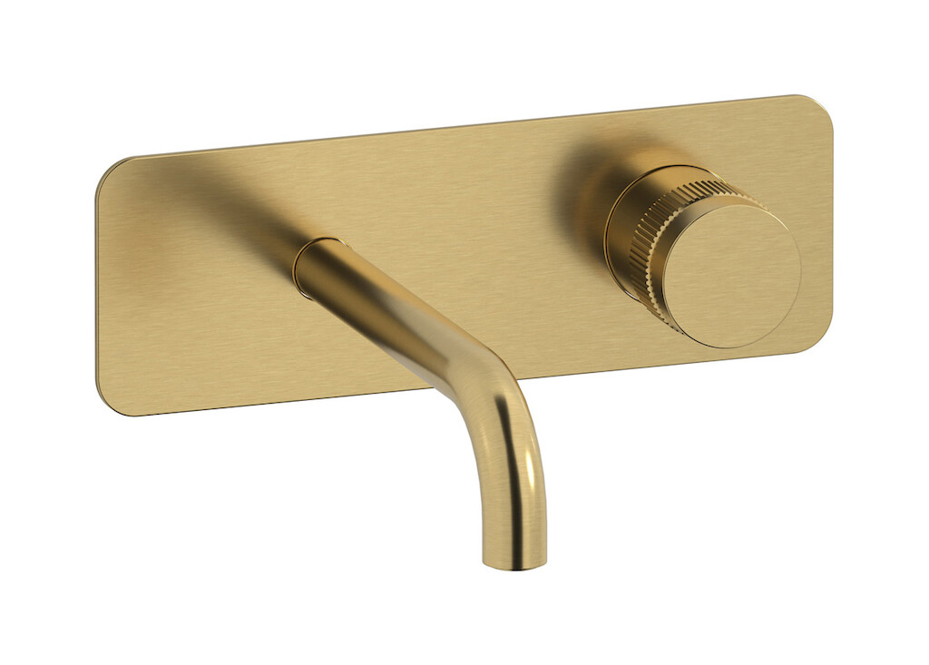 Настенный смеситель для раковины прогрессивный на 2 отверстия в комплекте с донным клапаном. WE ARE IB rx206os Brushed Gold Reflex