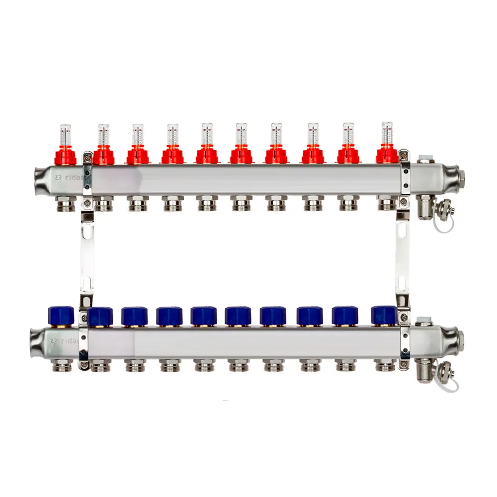 Коллектор Ридан на 10 выходов 1"x3/4" с расходомерами и кронштейнами нержавеющая сталь