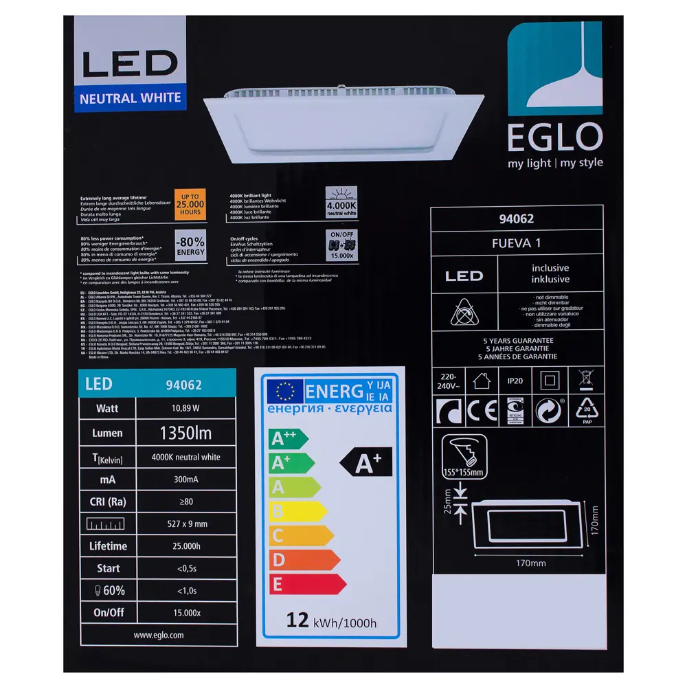 Панель светодиодная встраиваемая Fueva 4000K 170х170 мм Eglo STLM-2076812 - Вид №5