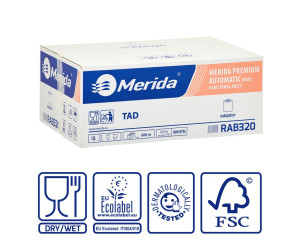 RAB320 Бумажные полотенца в рулоне с адаптером PREMIUM TAD AUTOMATIC MAXI, белые, диаметр 18,5 см, длина 100 м, двухслойный картон, 6 рулонов Merida