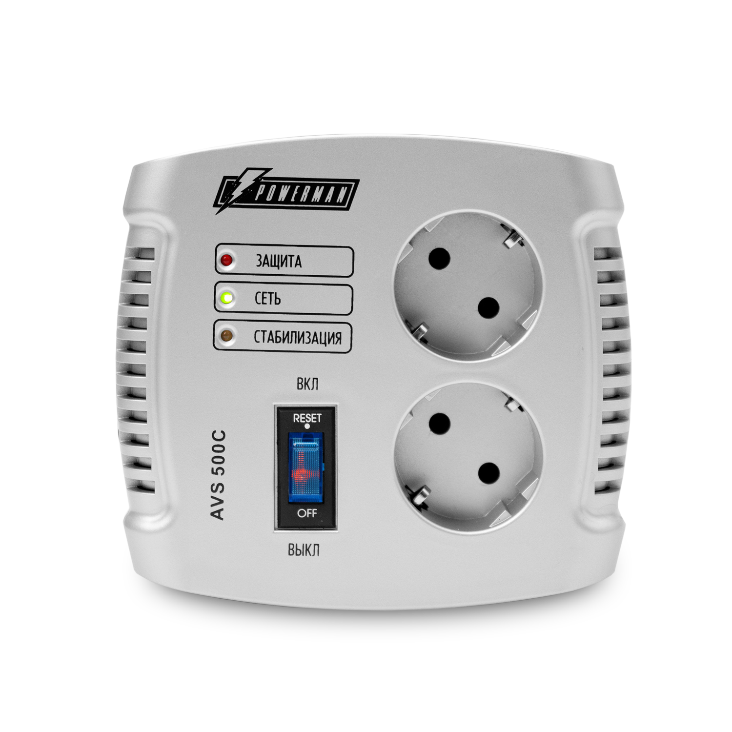 POWERMAN AVS 500 C Stabilizer avs 500c, step-type regulator, 500 va / 280w, 150-280v, maximum input current 4a, 2 eurosockets, ip-20, floor standing, 151mm x 126mm x 123mm, 1.4kg. POWERMAN Santreyd  - Вид №1