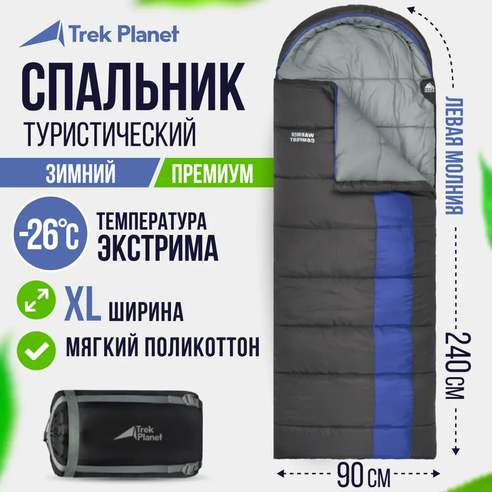 Спальный мешок Trek Planet Warmer Comfort, зимний, левая молния, серый, синий