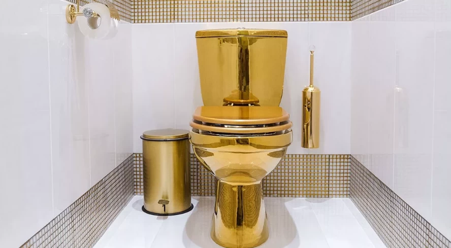 Золотой унитаз купить. Унитаз под золото TS-8801. Золотой унитаз Кобылкина. Туалет с золотым унитазом. Золотой унитаз в интерьере.