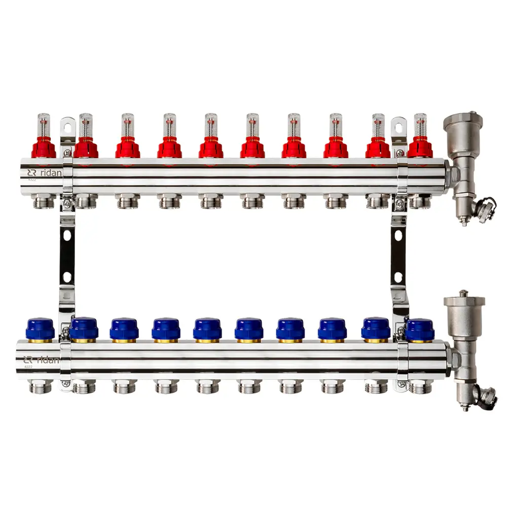 Коллектор Ридан на 10 выходов 1"x3/4" расходомерами кронштейнами и воздухоотводчиками латунь