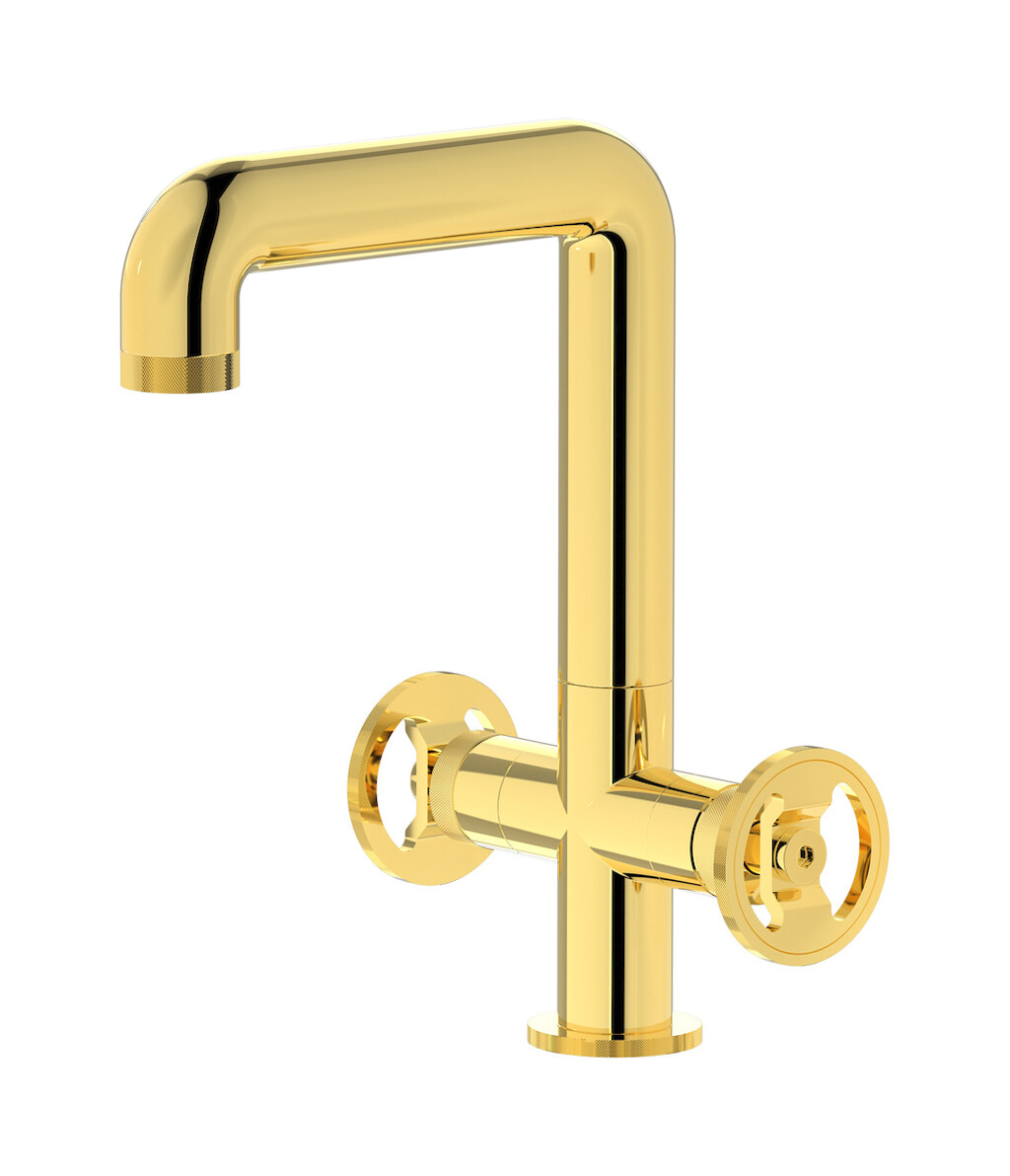 Смеситель для раковины на 1 отверстие с 2 ручками в комплекте с донным клапаном. WE ARE IB b1205oo Gold Bold