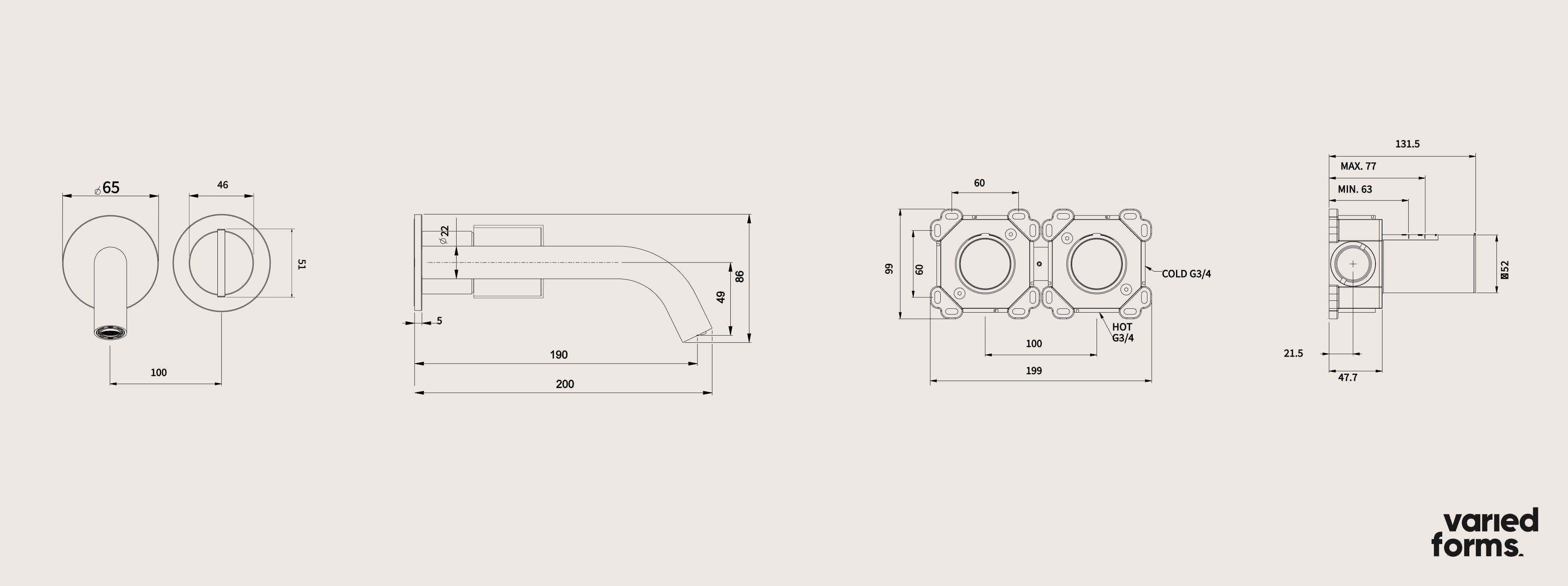 Однорычажный настенный смеситель для раковины с 2 отверстиями Varied Forms Macaron ARCH-00101468