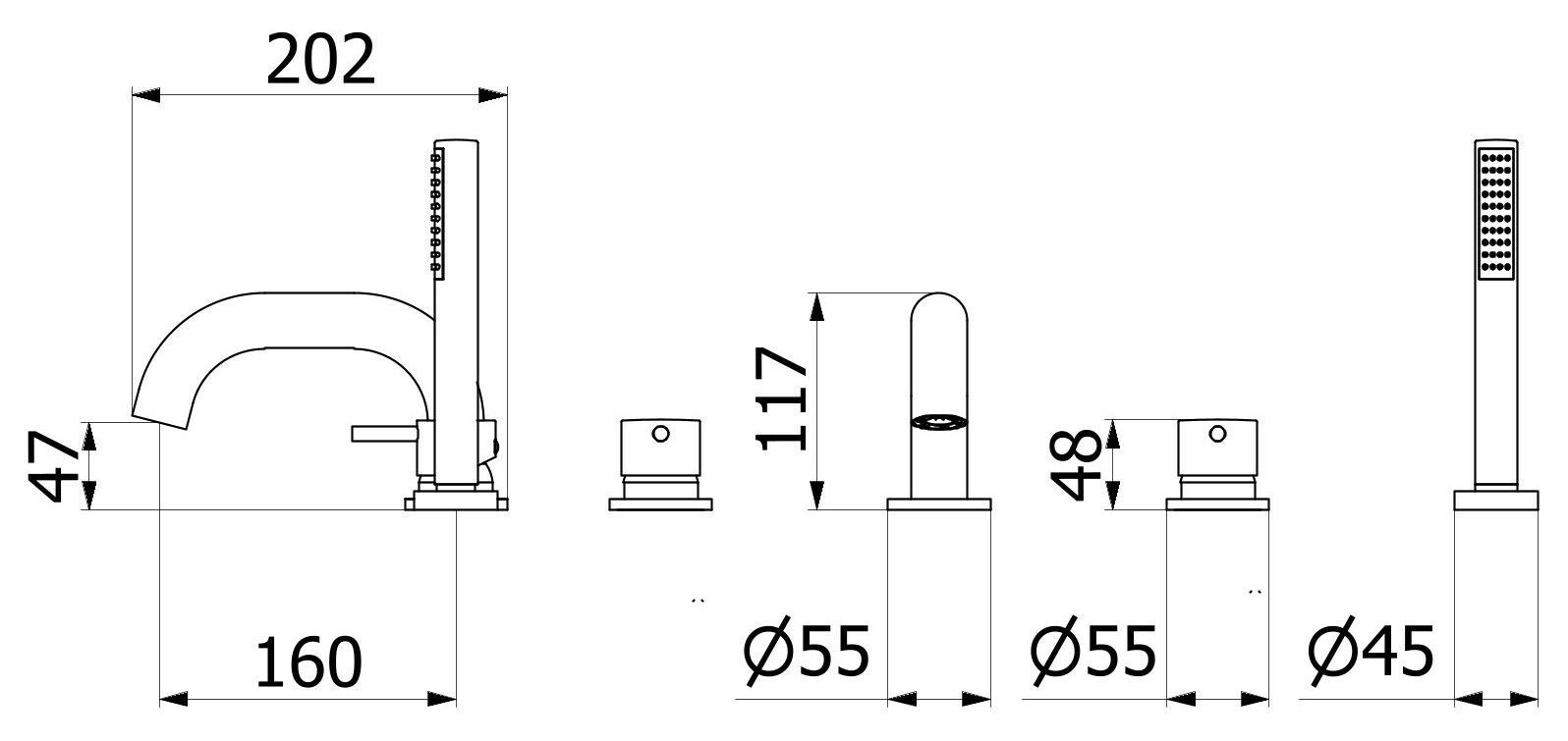 Однорычажный смеситель для ванны с 4 отверстиями и ручным душем IB Milano Torino ARCH-00055008 - Вид №12