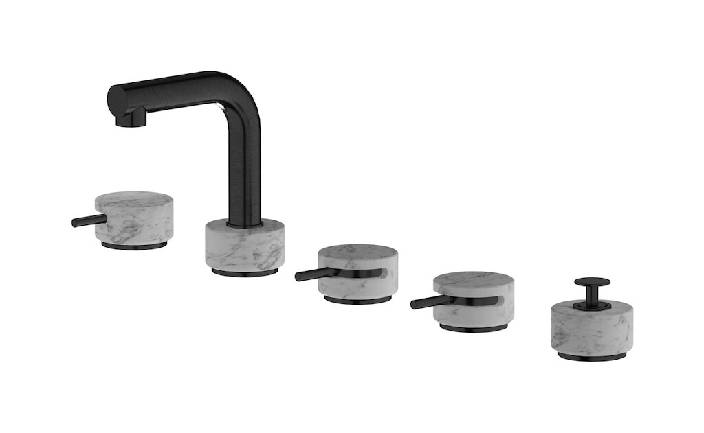 Смеситель на бортик ванной на 5 отверстий с дивертером и душевым гарнитуром. WE ARE IB mm396cs_1 Brushed Black Chrome Marmo