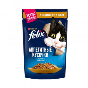 ПР0013784 Корм для кошек Аппетитные кусочки с индейкой в желе, пауч 85 г FELIX