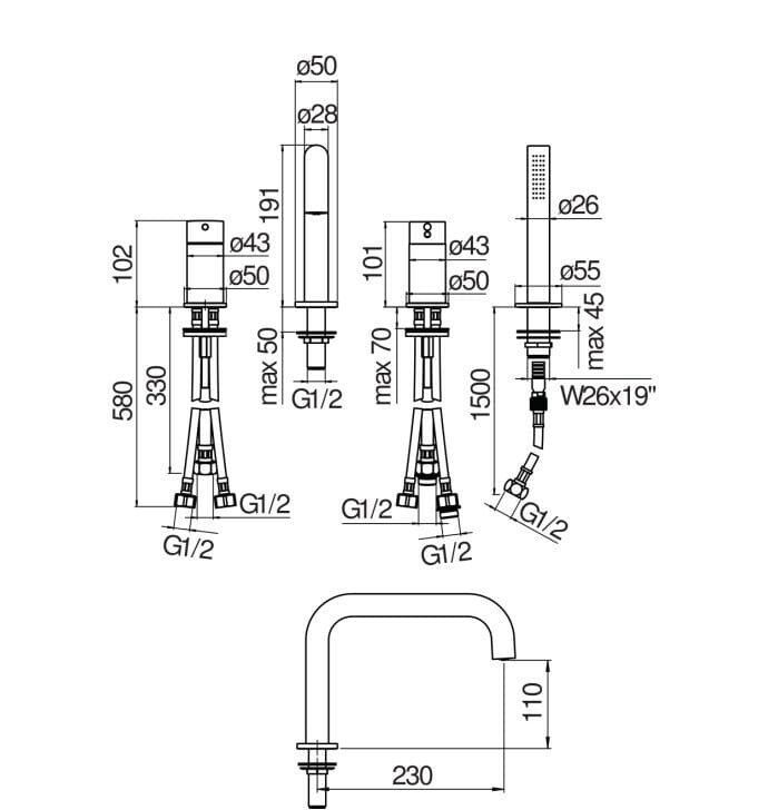 Однорычажный смеситель для ванны с ручным душем Nobili Velis ARCH-00094582 - Вид №2