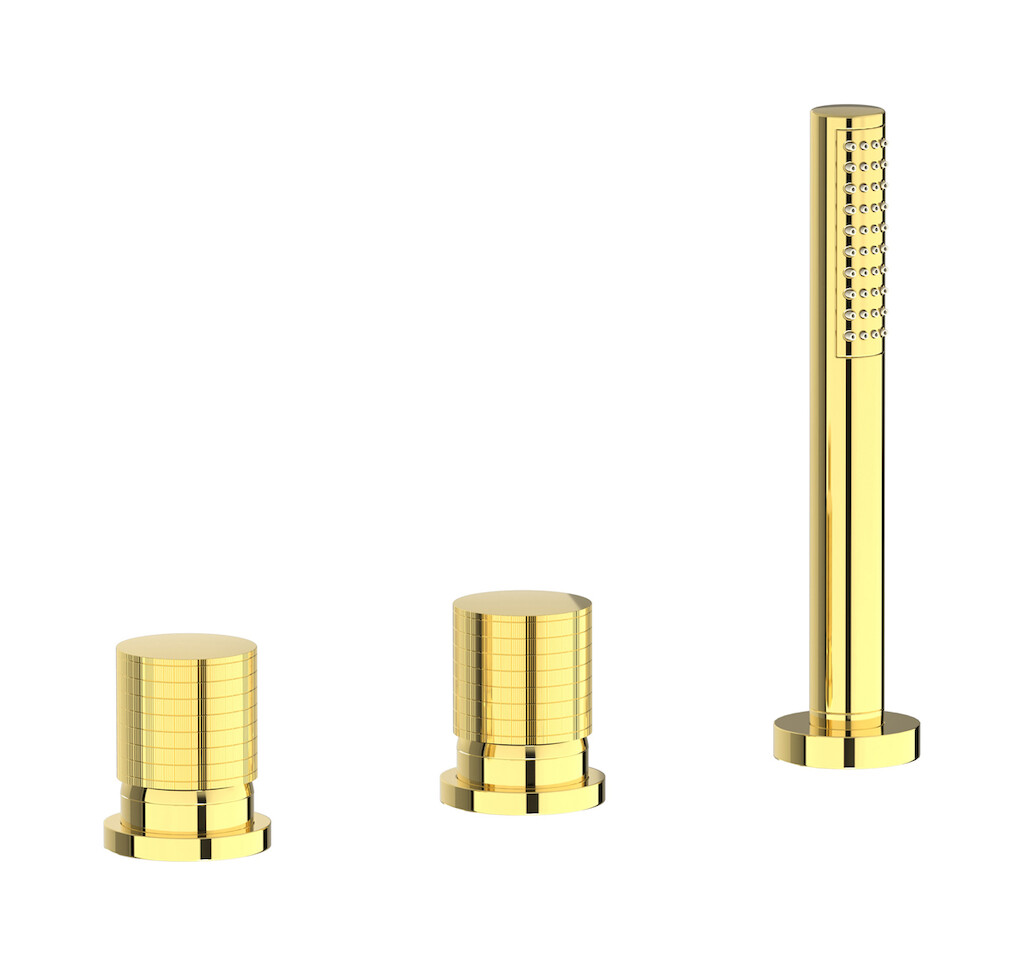 Смеситель на бортик ванной на 3 отверстия с изливом, дивертером и душевым гарнитуром. WE ARE IB ga397oo Gold Gatsby