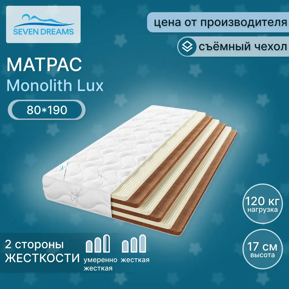 Матрас Seven Dreams monolith lux 80x190x16 см независимый пружинный блок, односпальный