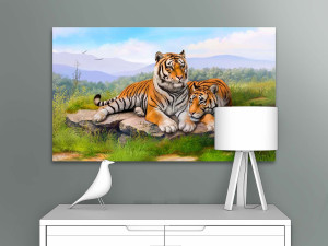 90750768 Картина на деревянном подрамнике Первое ателье "Два ярких тигра на камне" 80x48 см STLM-0367408 Santreyd