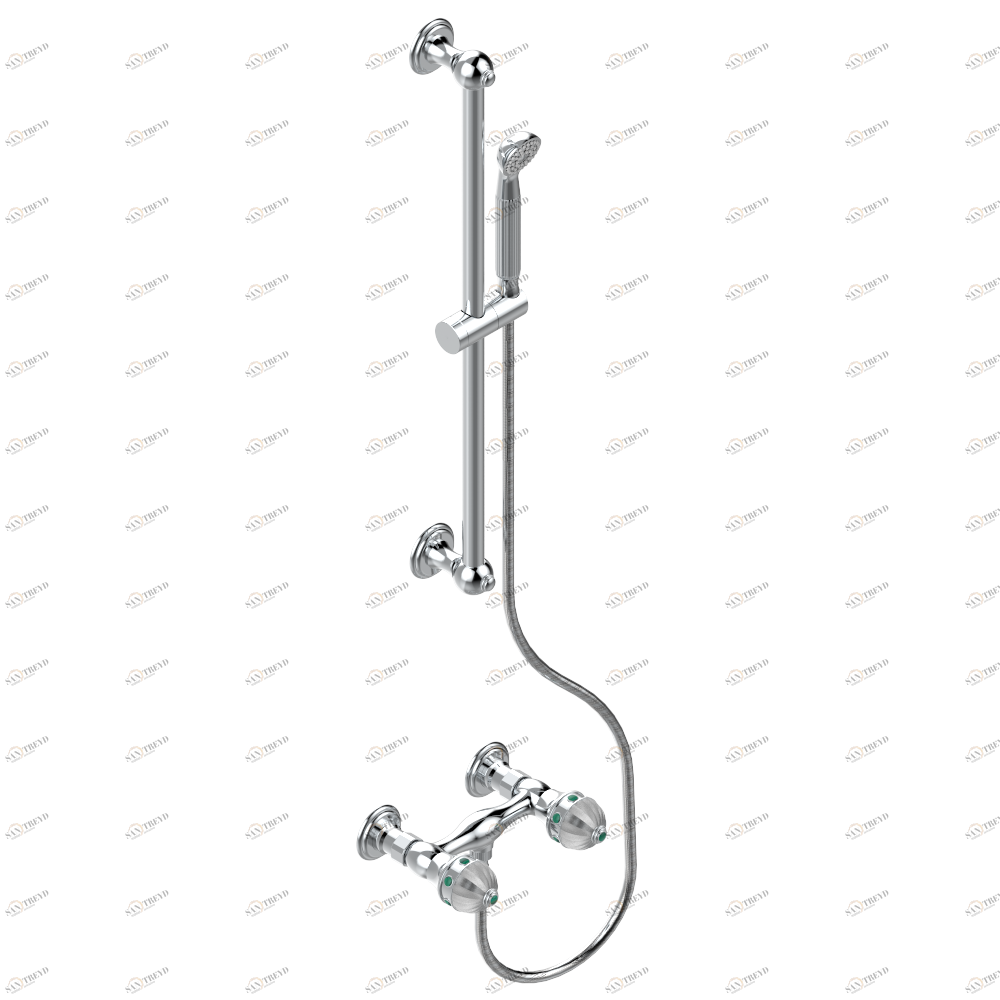 A1J-2645 Смеситель для душа настенный на два отверстия со штангой 60 cм, 1.50м шлангом и ручным душем Thg-paris Amboise с малахитом Хром A1J 2645  A02 CAT.A